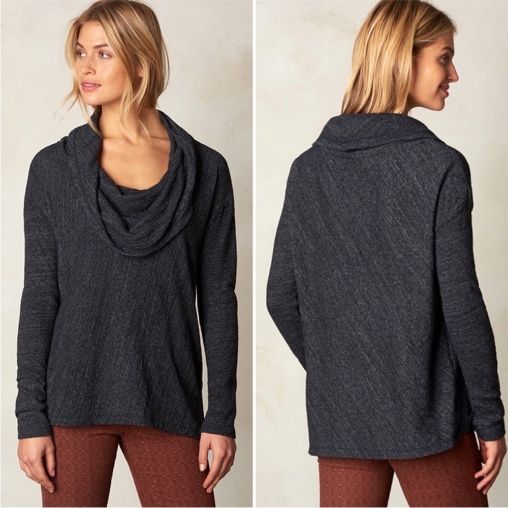 Prana Ginger Cowl Neck Sweater knit top charcoal gray‎ neutral asymmetric large